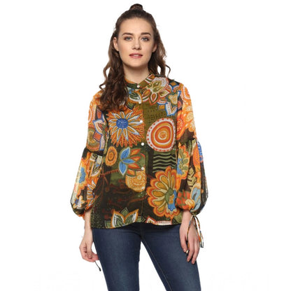 PKRKART Women's Polyester Floral Balloon Sleeve Top (Mustard - Olive)