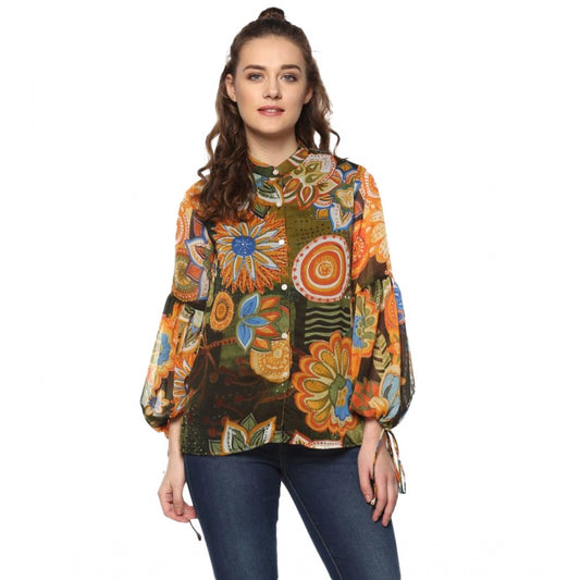PKRKART Women's Polyester Floral Balloon Sleeve Top (Mustard - Olive)
