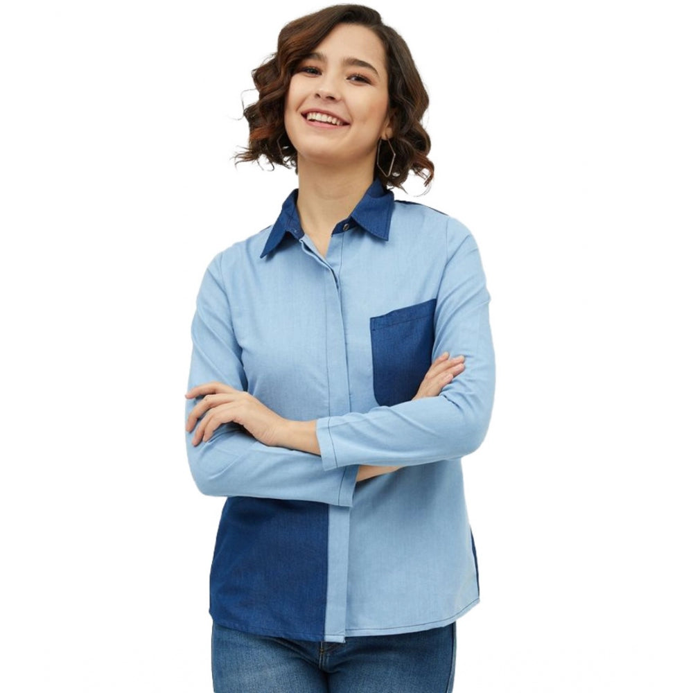 PKRKART Women's Denim Patch Work Long Sleeves Standard Length Shirt (Blue)