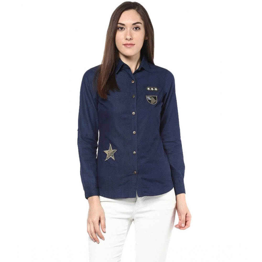 PKRKART Women's Denim Patch Work Long Sleeves Standard Length Shirt (Blue)