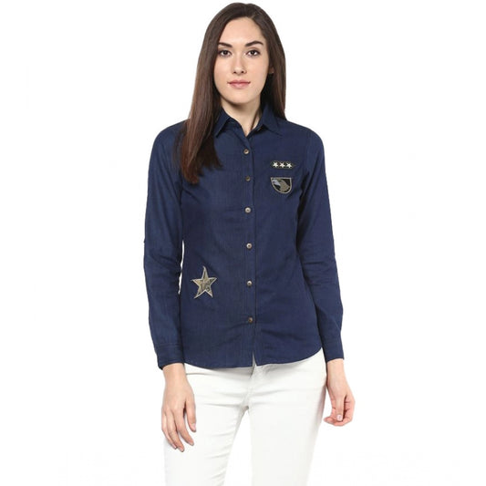 PKRKART Women's Denim Patch Work Long Sleeves Standard Length Shirt (Blue)