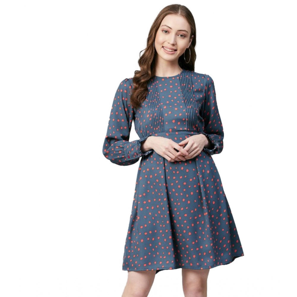 PKRKART Women's Polyester Polka Long Sleeves Above Knee Dress (Grey - Coral)