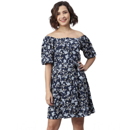 PKRKART Women's Polyester Off Shoulder Half Sleeve Above Knee Dress (Blue)