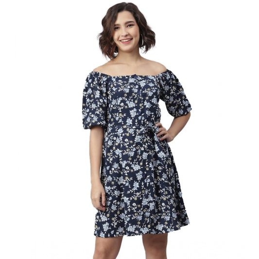 PKRKART Women's Polyester Off Shoulder Half Sleeve Above Knee Dress (Blue)