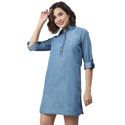 PKRKART Women's Denim Solid Long Sleeves Above Knee Dress (Ice Blue)