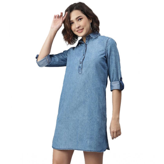 PKRKART Women's Denim Solid Long Sleeves Above Knee Dress (Ice Blue)
