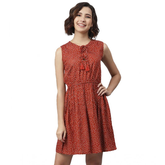 PKRKART Women's Rayon Polka Sleeveless Above Knee Dress (Rust)