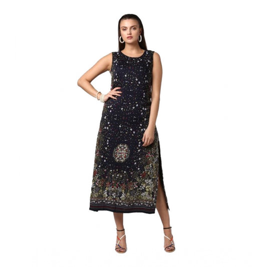PKRKART Women's Rayon Floral Sleeveless Calf-length Dress (Black)