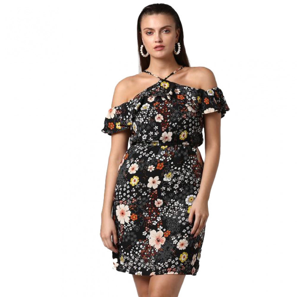 PKRKART Women's Polyester Floral Cold Shoulder Above Knee Dress (Black)