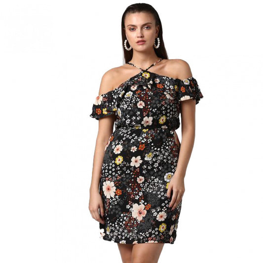 PKRKART Women's Polyester Floral Cold Shoulder Above Knee Dress (Black)