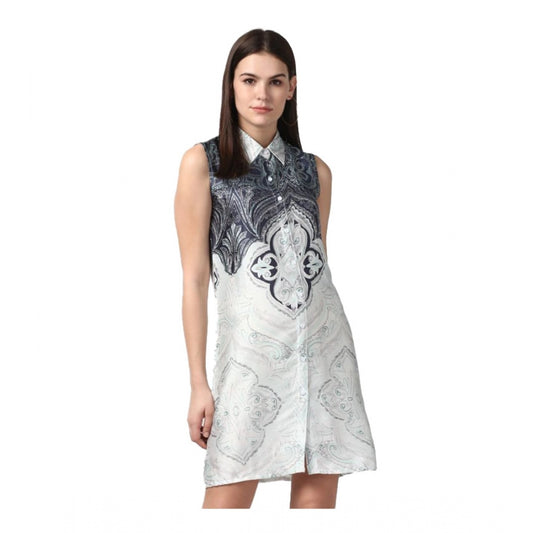 PKRKART Women's Polyester Printed Sleeveless Above Knee Dress (Blue)