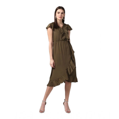 PKRKART Women's Polyester Ruffled Cap Sleeve Knee-Length Dress (Olive)