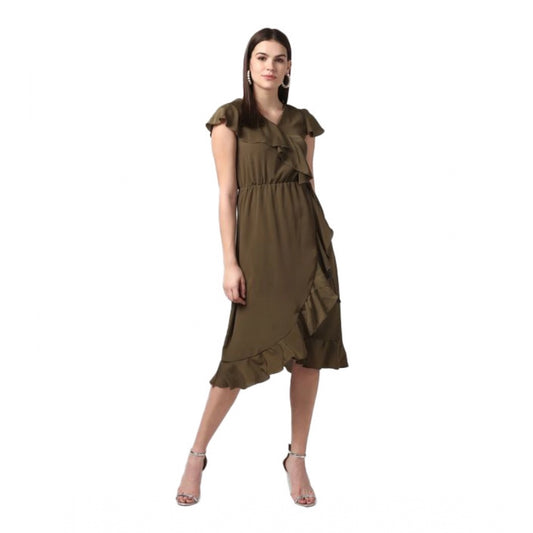 PKRKART Women's Polyester Ruffled Cap Sleeve Knee-Length Dress (Olive)