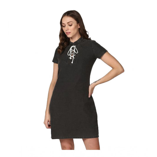 PKRKART Women's Denim Solid Short Sleeve Above Knee Dress (Black)