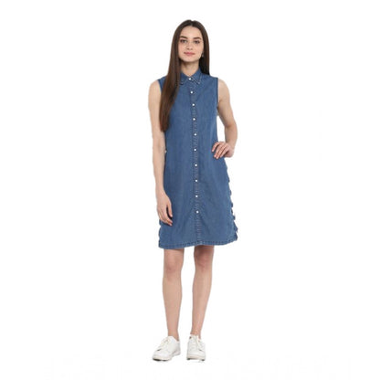 PKRKART Women's Denim Solid Sleeveless Above Knee Dress (Blue)