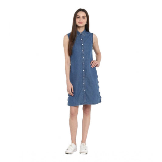 PKRKART Women's Denim Solid Sleeveless Above Knee Dress (Blue)