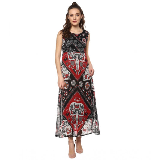 PKRKART Women's Polyester Printed Sleeveless Dress (Red - Black)