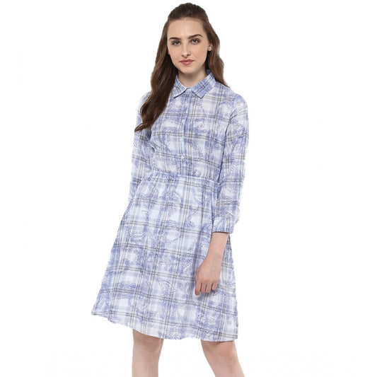 PKRKART Women's Cotton Checkered Roll Up Sleeve Above Knee Dress (Blue)