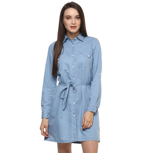PKRKART Women's Denim Solid Long Sleeves Above Knee Dress (Blue)