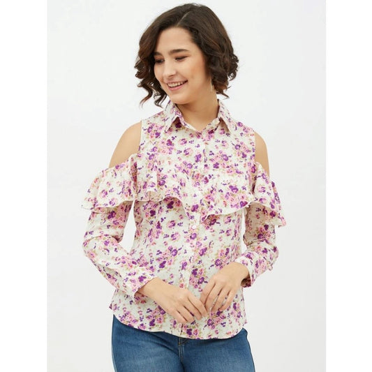 PKRKART Women's Polyester Floral Cold Shoulder Standard Length Shirt (White)