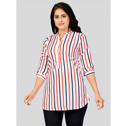 PKRKART Women's Poly Crepe Mandarin Collar 3/4 Sleeves Short Top (White)