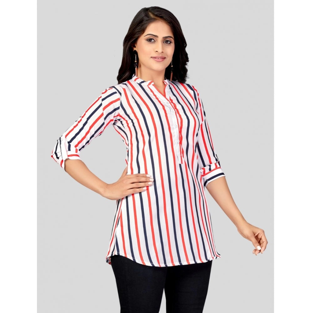 PKRKART Women's Poly Crepe Mandarin Collar 3/4 Sleeves Short Top (White)