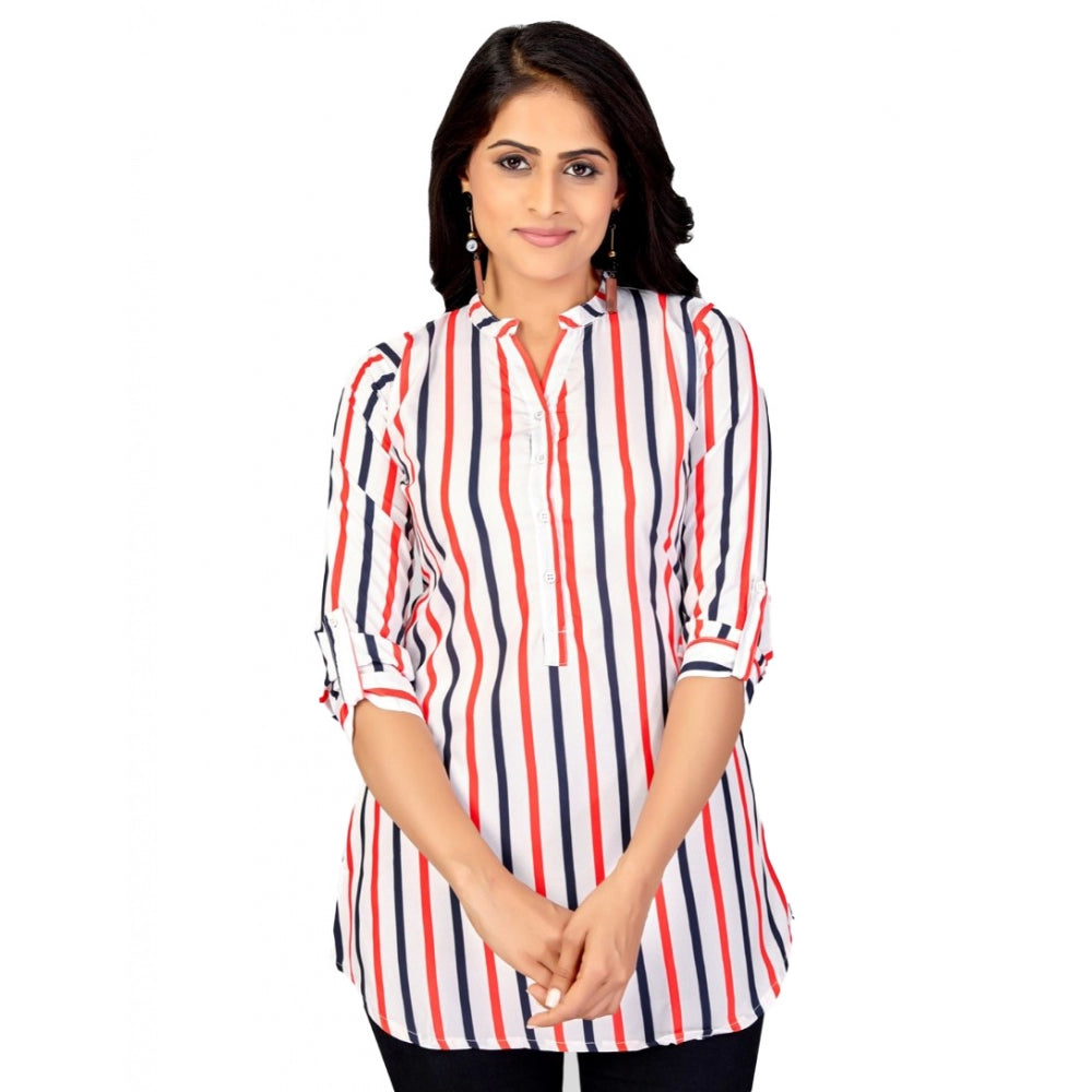 PKRKART Women's Poly Crepe Mandarin Collar 3/4 Sleeves Short Top (White)