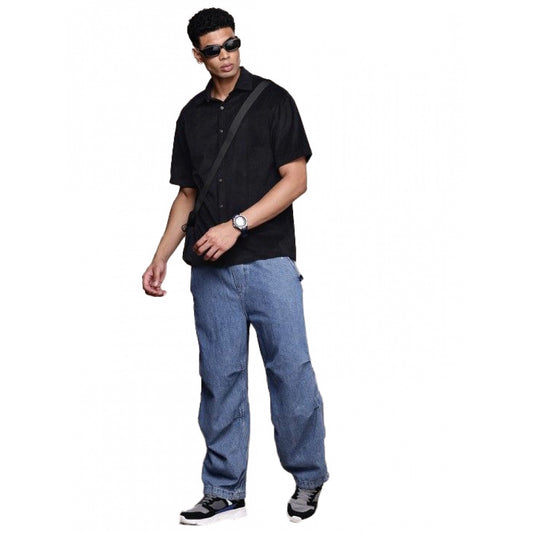 PKRKART Men's Cotton Blend Solid Half-Sleeve Regular Shirt (Black)