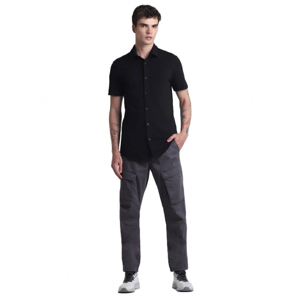 PKRKART Men's Cotton Blend Solid Half-Sleeve Regular Shirt (Black)