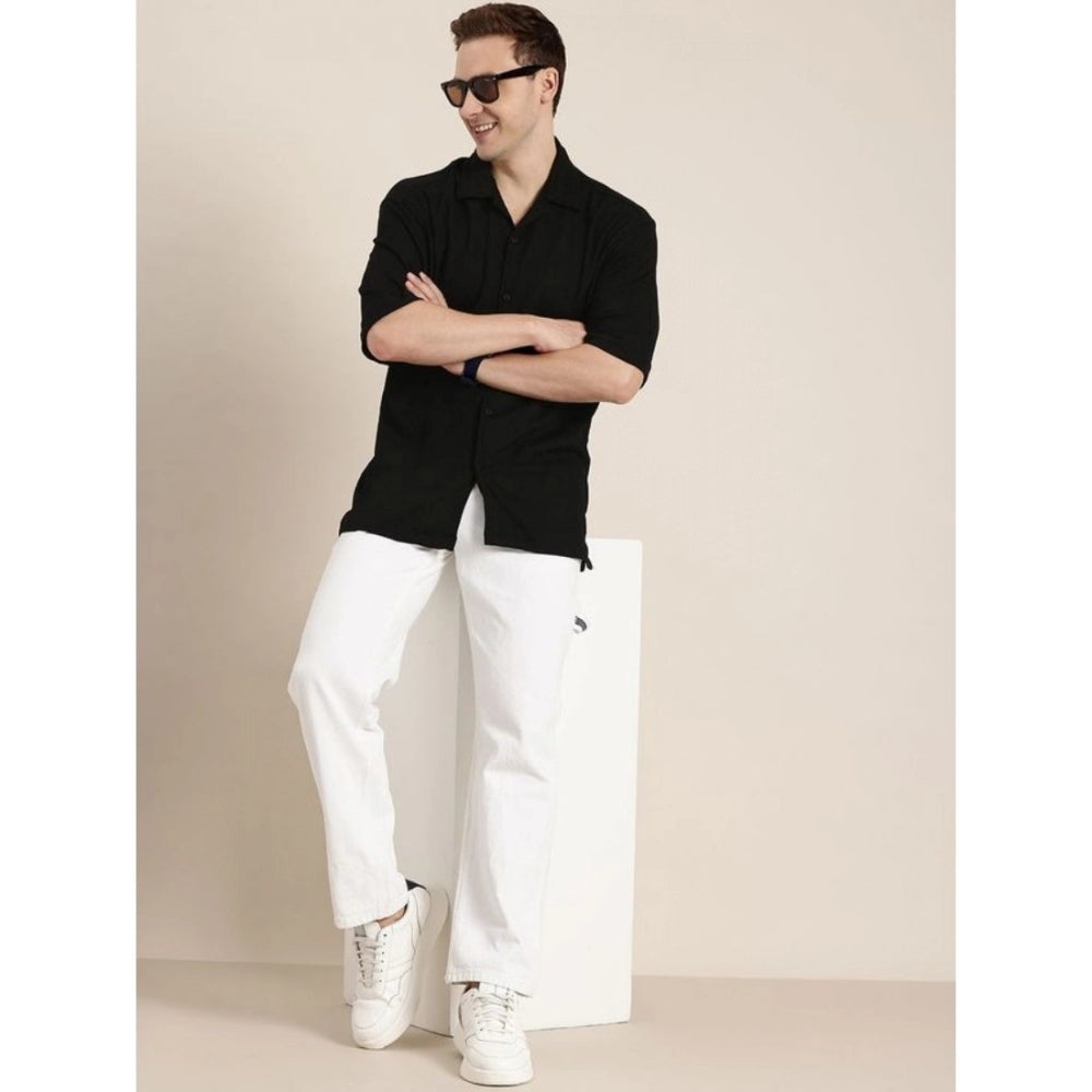 PKRKART Men's Cotton Blend Solid Half-Sleeve Regular Shirt (Black)
