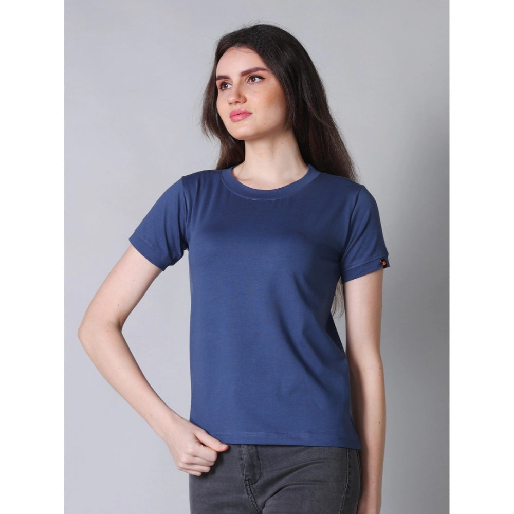 PKRKART Women's Cotton Blended Solid Round Neck Half Sleeve T-Shirt (Blue)