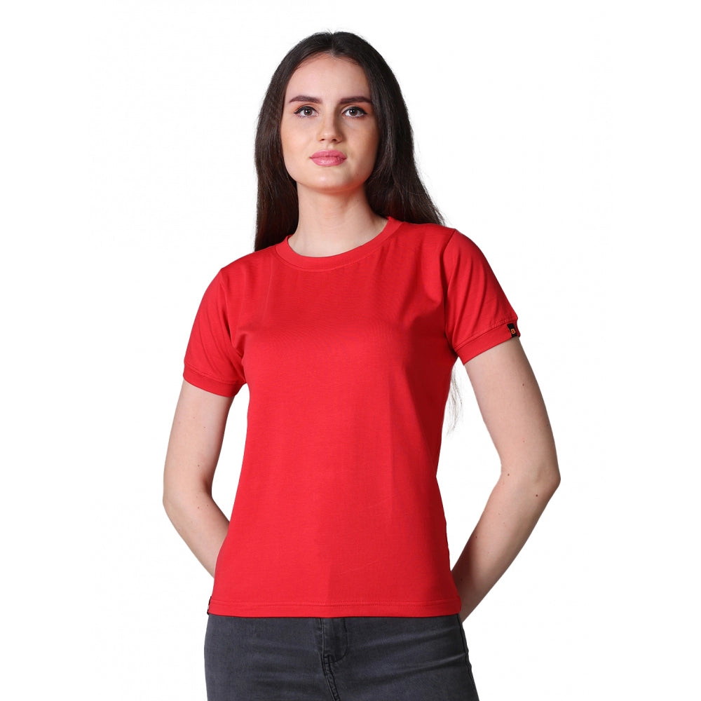 PKRKART Women's Cotton Blended Solid Round Neck Half Sleeve T-Shirt (Red)