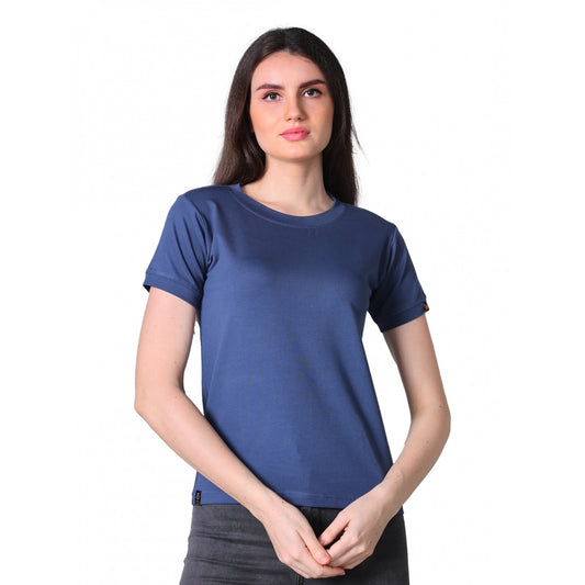 PKRKART Women's Cotton Blended Solid Round Neck Half Sleeve T-Shirt (Blue)