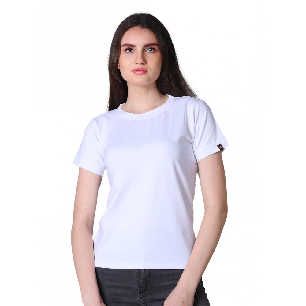 PKRKART Women's Cotton Blended Solid Round Neck Half Sleeve T-Shirt (White)