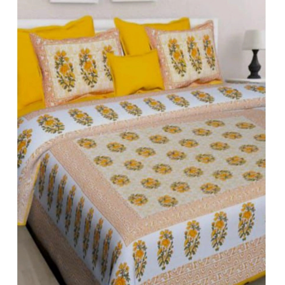 PKR Kart Cotton Printed Queen Size Bedsheet With 2 Pillow Covers (Yellow, 90x100 Inch)