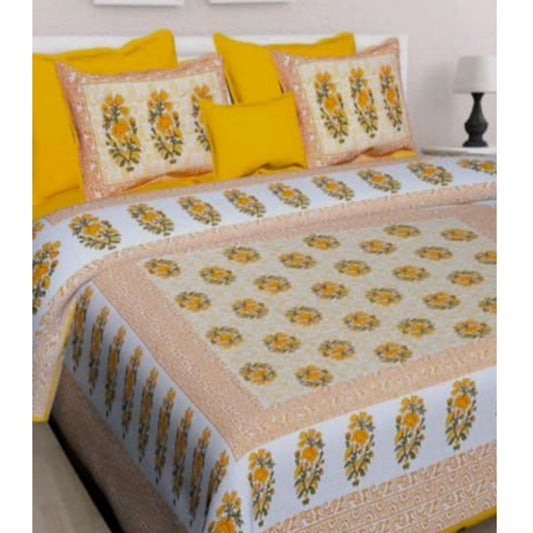 PKR Kart Cotton Printed Queen Size Bedsheet With 2 Pillow Covers (Yellow, 90x100 Inch)