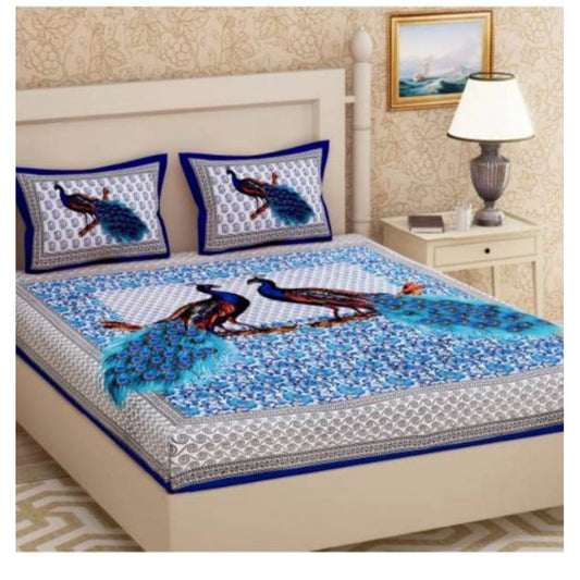 PKR Kart Cotton Printed Queen Size Bedsheet With 2 Pillow Covers (Blue, 90x100 Inch)