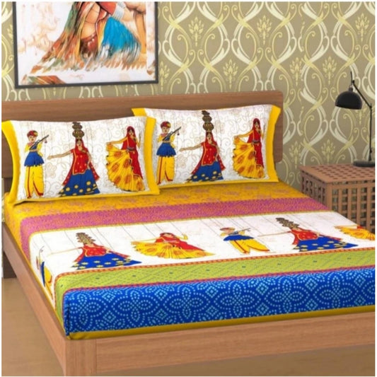 PKR Kart Cotton Printed Queen Size Bedsheet With 2 Pillow Covers (Yellow, 90x100 Inch)