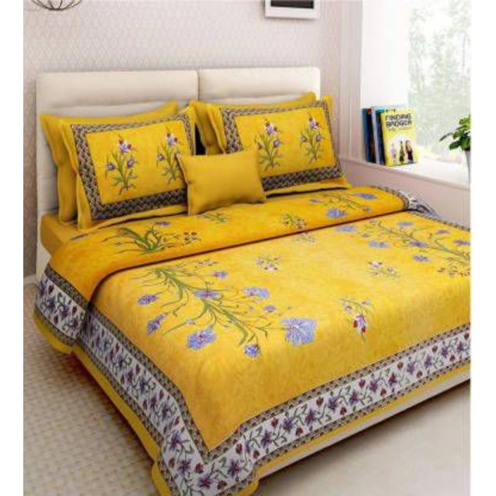 PKR Kart Cotton Printed Queen Size Bedsheet With 2 Pillow Covers (Yellow, 90x100 Inch)