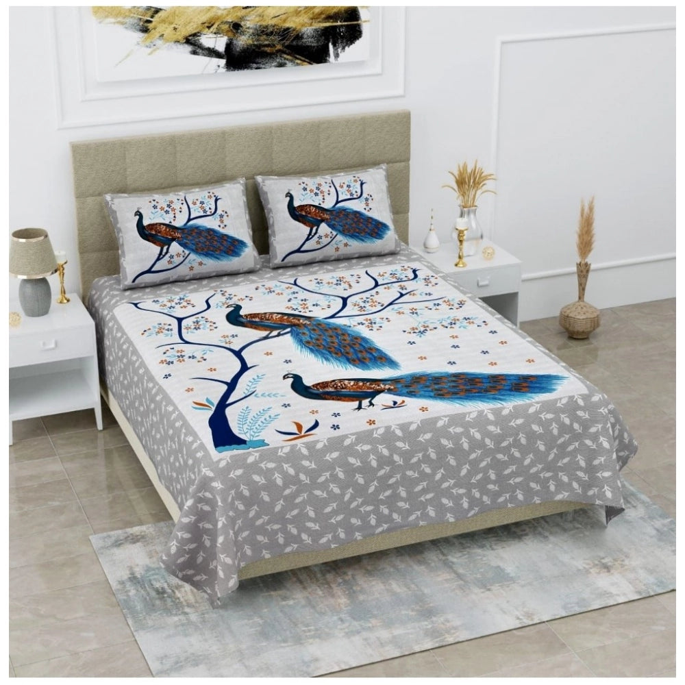 PKR Kart Cotton Printed Queen Size Bedsheet With 2 Pillow Covers (White, 90x100 Inch)