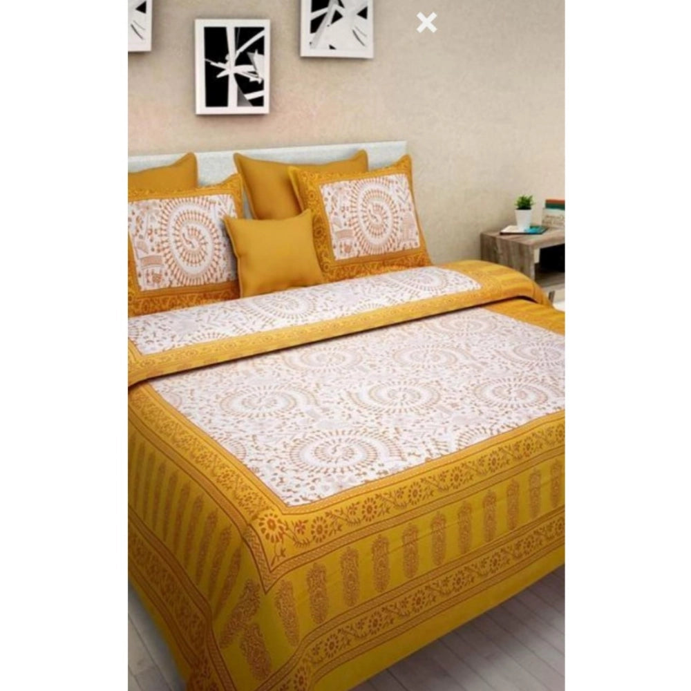 PKR Kart Cotton Printed Queen Size Bedsheet With 2 Pillow Covers (Yellow, 90x100 Inch)