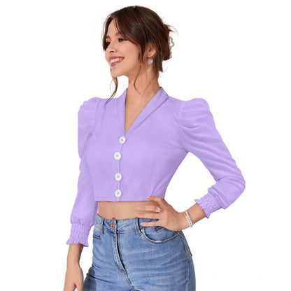 PKRKART Women's Polyester Solid Puff Sleeves Lapel Collar Top (Purple)