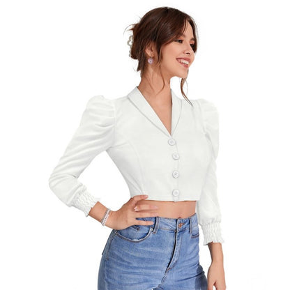 PKRKART Women's Polyester Solid Puff Sleeves Lapel Collar Top (White)