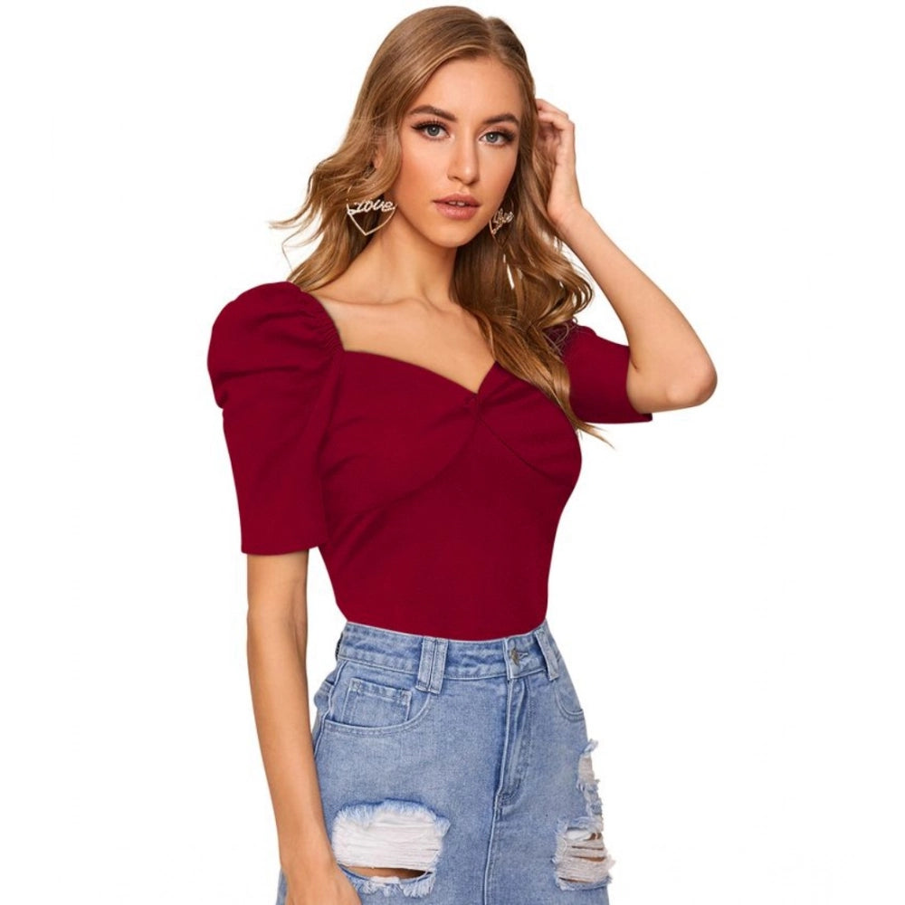 PKRKART Women's Polyester Solid Puff Short Sleeves Sweetheart Neck Top (Maroon)