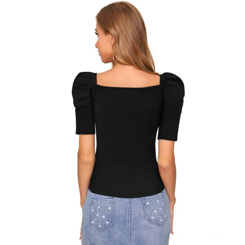 PKRKART Women's Polyester Solid Puff Short Sleeves Sweetheart Neck Top (Black)