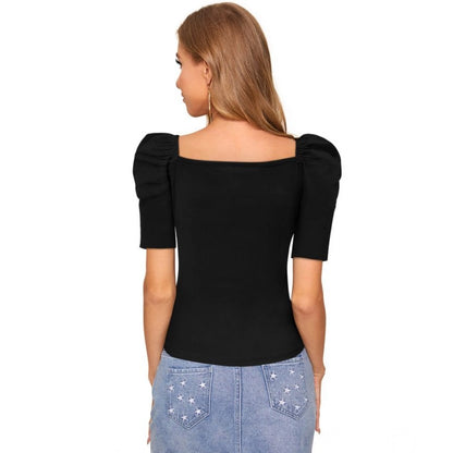 PKRKART Women's Polyester Solid Puff Short Sleeves Sweetheart Neck Top (Black)