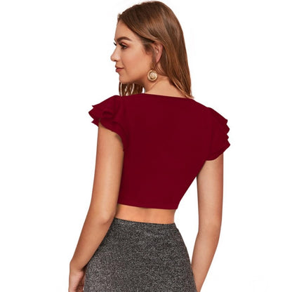PKRKART Women's Polyester Solid Short Sleeves V Neck Top (Maroon)