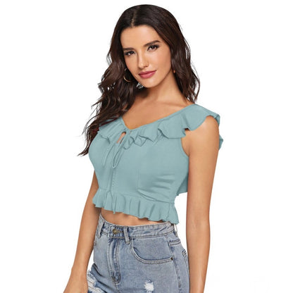 PKRKART Women's Polyester Solid Sleeveless Ruffle Neck Top (Pista)