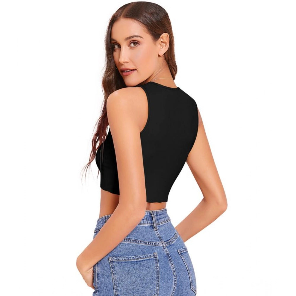 PKRKART Women's Polyester Solid Sleeveless Round Neck Top (Black)