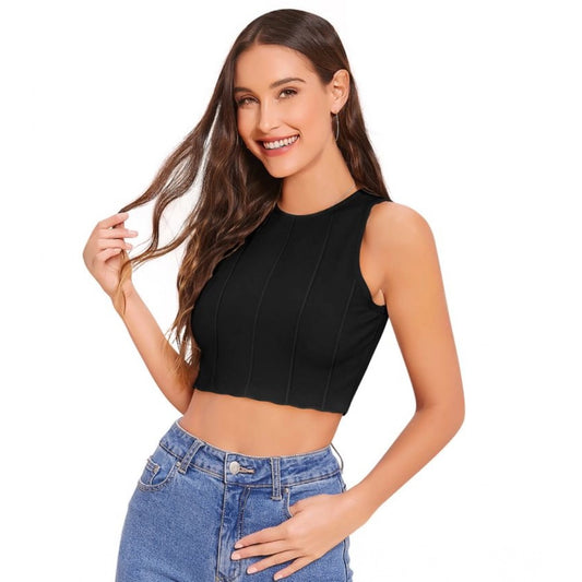 PKRKART Women's Polyester Solid Sleeveless Round Neck Top (Black)